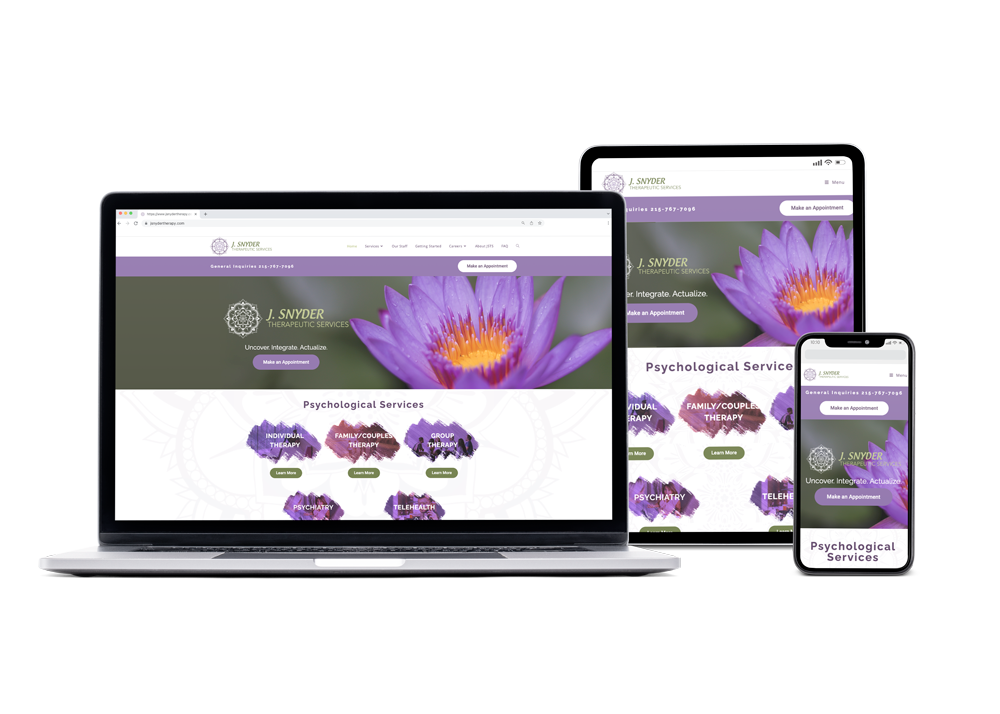 J snyder therapy website on laptop, tablet, and phone screen