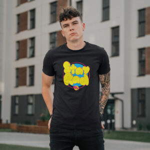 Man wearing black shirt with stay rad bubble letters on it