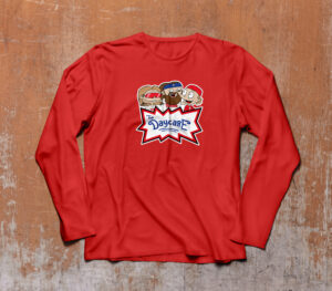 Phillies players as rugrats carachters on red shirt laid out on wood