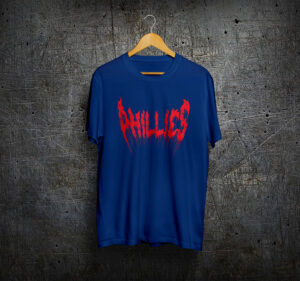 blue shirt hanging up with Phillies heavy metal logo