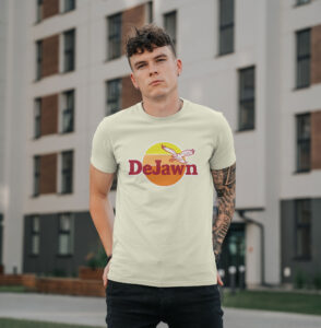 man with tattoos wearing dejawn tee shirt